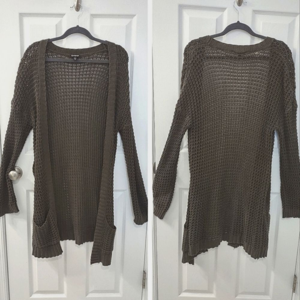 Express Dark Olive Green Loose Knit Crochet Longline Cardigan Size M